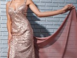 a glam rose gold maxi sheath dress with thick straps for a bridesmaid or even a bride