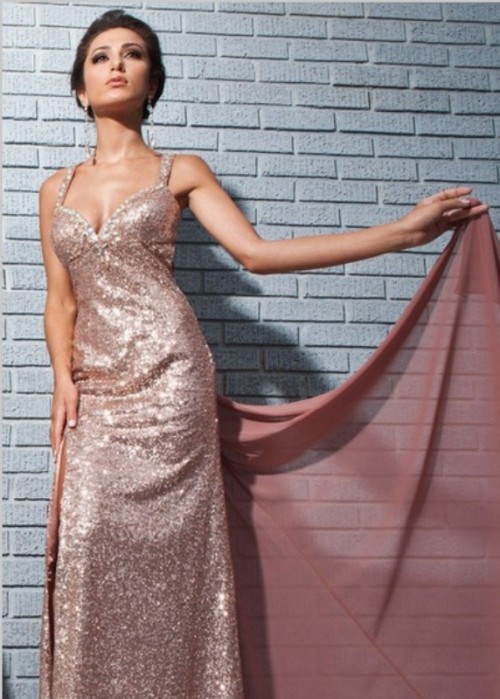 a glam rose gold maxi sheath dress with thick straps for a bridesmaid or even a bride