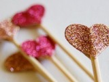 pink and rose gold heart sweets toppers or drink stirrers will make your food and drinks very glam and shiny