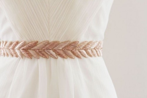 an embroidered leafy rose gold sash will accent your wedding dress the best way possible