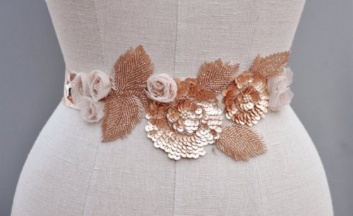 a beautiful and romantic floral and leaf rose gold sash with beading, sequins and fabric is very lovely