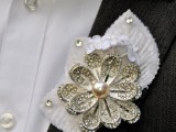 a vintage brooch wedding boutonniere is an amazing idea with rhinestones that a groom or groomsman can rock