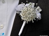 a beautiful vintage brooch wedding boutonniere with ribbons is a chic idea for a vintage groom’s look