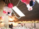bead garlands, large colorful paper lamps and lots of colorful paper pompoms will accent your reception space easily without breaking the bank