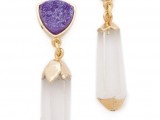 statement earrings with purple druzy parts and hanging crystals with gilded touches for the bride