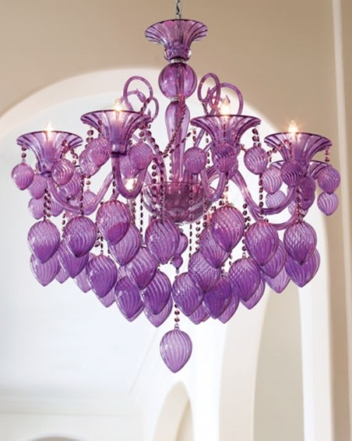 a bold lilac glass chandelier is a nice decor idea for a lilac and lavender colored wedding
