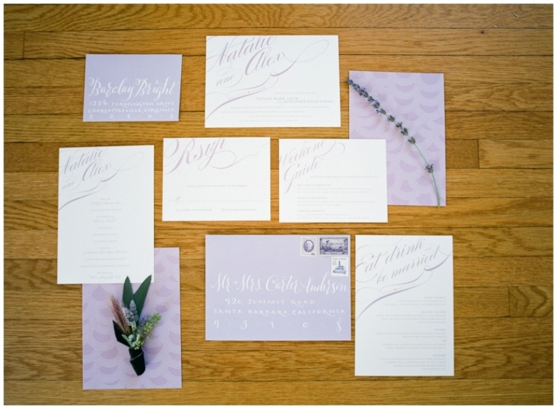 lilac and white wedding invitation suite with chic calligraphy is cool and chic