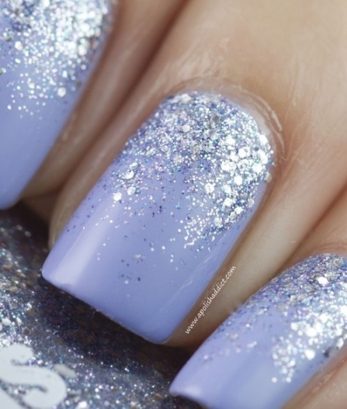 lilac nails with silver sequins are very chic and romantic for any bride