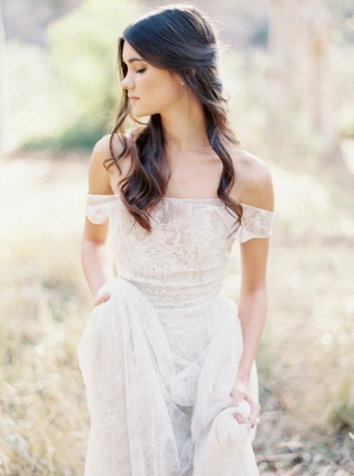 a girlish off the shoulder printed wedding dress with a bit of embellishments is a very chic and catchy idea