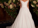 a gorgeous off the shoulder wedding ballgown with a draped bodice and a skirt with a train is a lovely idea for a refined and formal wedding