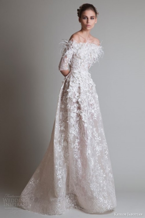 an off the shoulder embellished lace applique A-line wedding dress with a neckline decorated with feathers