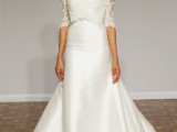 an exquisite off the shoulder wedding dress with a lace bodice and short sleeves, a plain skirt with a train is a lovely idea for a sophisticated wedding