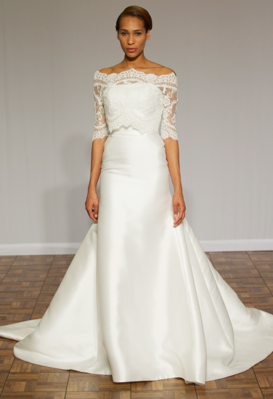 an exquisite off the shoulder wedding dress with a lace bodice and short sleeves, a plain skirt with a train is a lovely idea for a sophisticated wedding