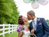 mint and purple balloons, a mint and purple wedding bouquet and groom’s look styling for a bright summer wedding