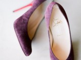 purple suede wedding shoes will add a touch of color and boldness to your bridal look