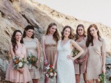 mismatching neutral lace and plain knee bridesmaid dresses with draperies and other types of detailing are great for a catchy look