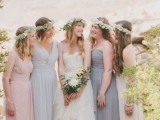 mismatching pastel and neutral bridesmaid dresses with draperies and various necklinces are amazing for a spring or summer wedding