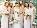 mismatching neutral embellished and non-embellished bridesmaid maxi dresses for a chic and glam spring or summer wedding