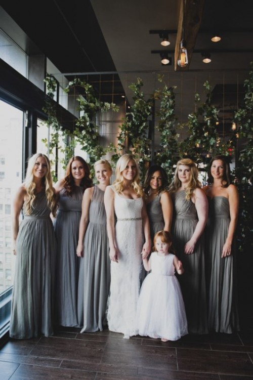 mismatching grey bridesmaid dresses with draped bodices and various necklines are amazing for a modern wedding with an elegant feel