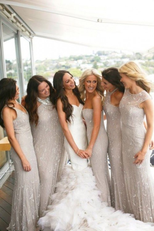 mismatching off-white embellished maxi bridesmaid dresses with various necklines are amazing for a glam and glitz wedding