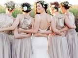 gorgeous halter neckline gold sequin and grey bridesmaid maxi dresses are a gorgeous solution for a glam wedding in any season