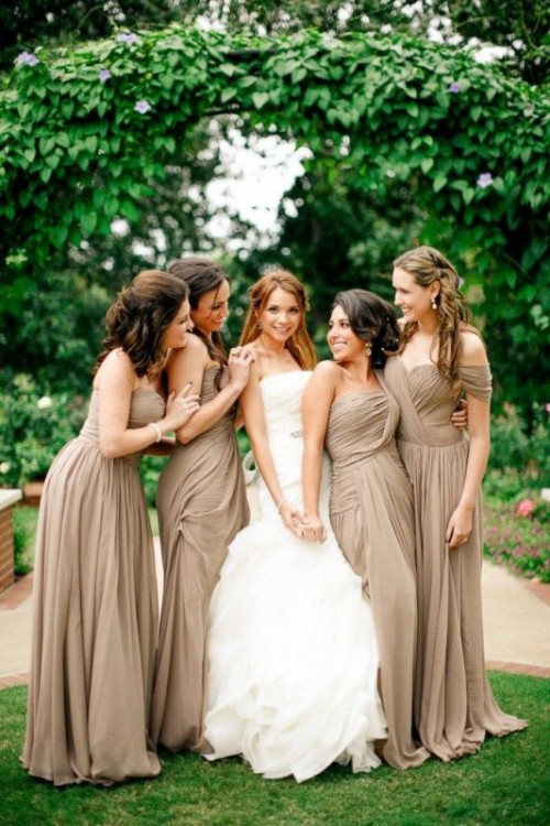 strapless and off the shoulder draped maxi bridesmaid dresses are a pretty solution for an elegant fall wedding