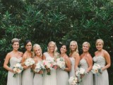 mismatching strapless and strap A-line dove grey bridesmaid dresses with draped bodices are amazing for a neutral wedding