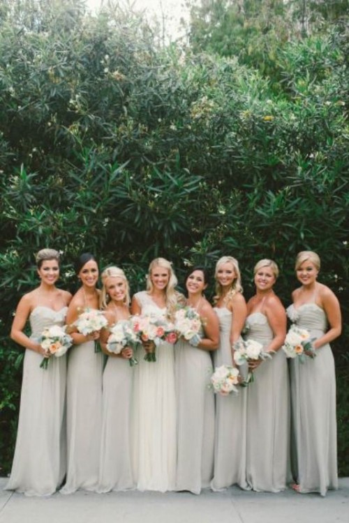 mismatching strapless and strap A-line dove grey bridesmaid dresses with draped bodices are amazing for a neutral wedding