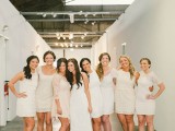 mismatching neutral mini bridesmaid dresses – plain and lace ones – are amazing to rock at a neutral wedding
