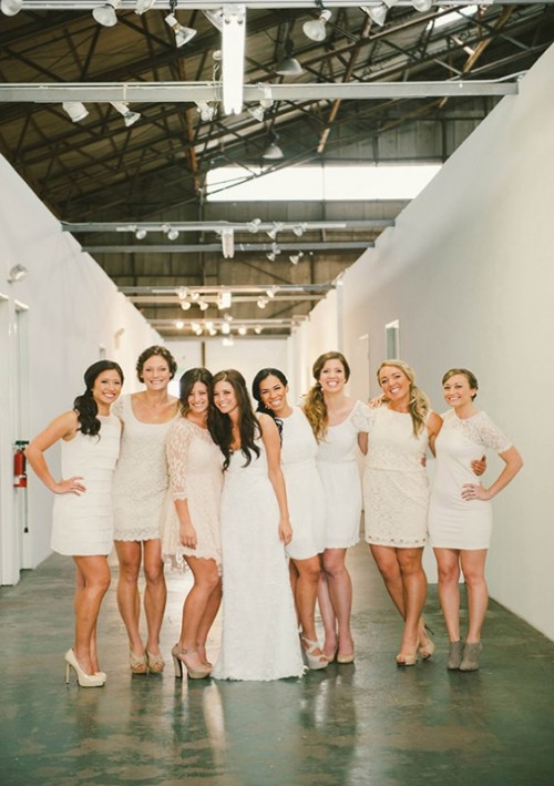 mismatching neutral mini bridesmaid dresses - plain and lace ones - are amazing to rock at a neutral wedding
