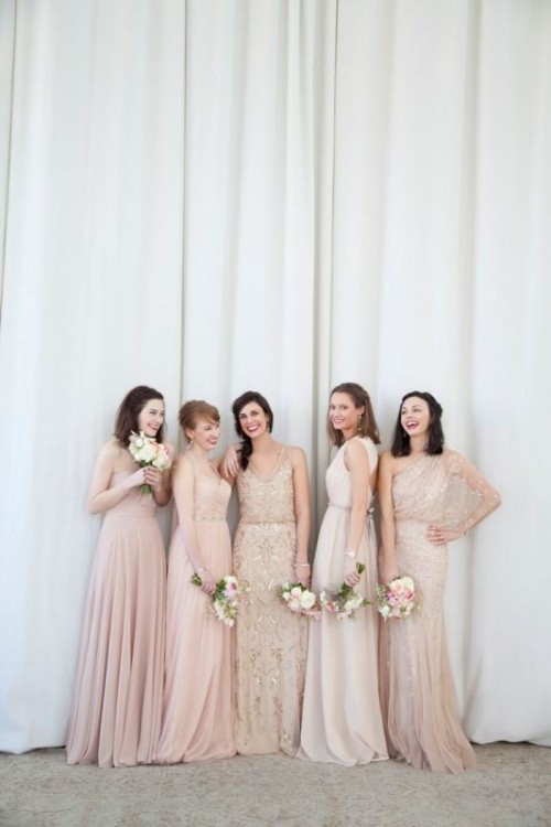 mismatching blush, neutral embellished and embroidered maxi bridesmaid dresses are a very refined and beautiful idea