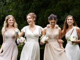 mismatching blush and creamy maxi bridesmaid dresses with draperies, cutouts and ruffles are a very dreamy and chic idea to rock
