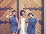 mismatching blue lace over the knee bridesmaid dresses with sashes are lovely for spring or summer weddings