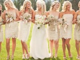 strapless neutral lace over the knee bridesmaid dresses are classics for hot weather spring and summer weddings, maybe boho or rustic ones