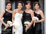 elegant black lace one shoulder bridesmaid dresses with embellishments are super chic and stylish