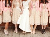 neutral lace midi dresses, matching pink crdigans to cover up, mismatching shoes and accessories for cozy fall or summer bridesmaids’ looks