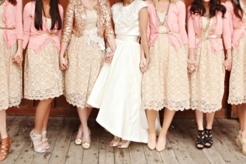 neutral lace midi dresses, matching pink crdigans to cover up, mismatching shoes and accessories for cozy fall or summer bridesmaids' looks