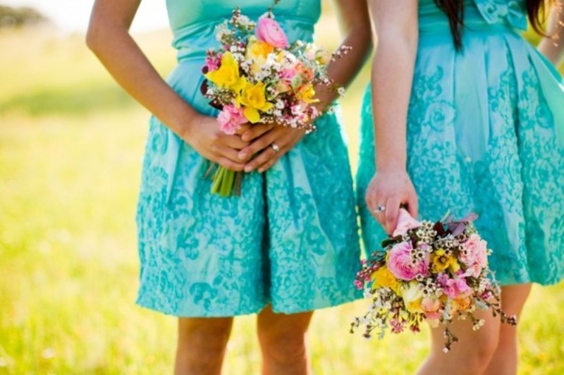 Turquoise lace A line knee bridesmaid dresses are lovely for a bold spring or summer wedding