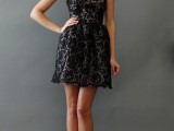 a black one shoulder lace mini bridesmaid dress plus nude shoes for a chic and refined bridesmaid look