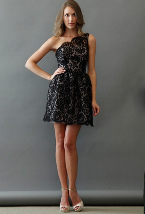 a black one shoulder lace mini bridesmaid dress plus nude shoes for a chic and refined bridesmaid look