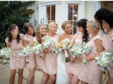 mini blush lace fitting bridesmaid dresses with short sleeves and hgih necklines are girlish classics that always works