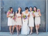 mismatching neutral lace bridesmaid dresses of various lengths are amazing for many weddings