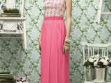 a refined bridesmaid dress with a neutral lace sleeveless bodice and a pink maxi skirt is a stylish contrasting idea