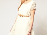 a neutral lace A-line bridesmaid dress with lace sleeves and a leather belt for a boho or rustic bridesmaid look