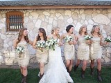 neutral lace strapless over the knee bridesmaid dresses paired with cowboy boots are a lovely and cool idea that will look fun at a rustic wedding