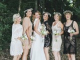 mismatching black, nude and white lace knee dresses are lovely for a boho wedding in any season