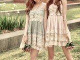 boho lace pastel A-line bridesmaid dresses with spaghetti straps are lovely for spring and summer boho weddings