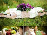 a romantic wedding picnic with layered blankets, baskets with blooms and food and drinks