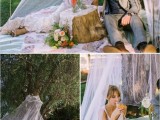 a simple wedding picnic with an airy teepee, a neutral blanket, a tree stump and bright blooms for a spring or summer wedding