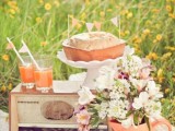 a retro wedding picnic with a lace blanket, pastel blooms, a vintage radio, a pie and juice for a summer wedding